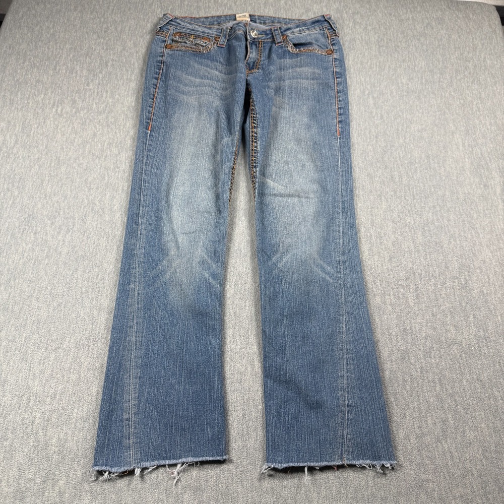 True Religion Jeans Womens Size 29 Blue Joey Big T Flare Cut Off Denim USA Made